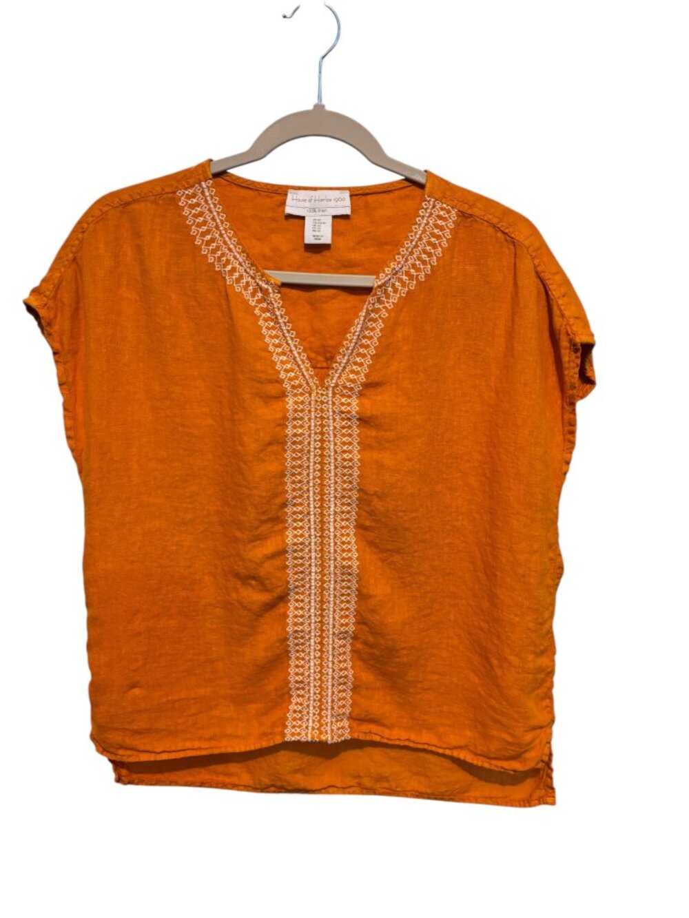 House of Harlow 1960 Linen Embroidered Short Sleeve Split V Neck Top Orange